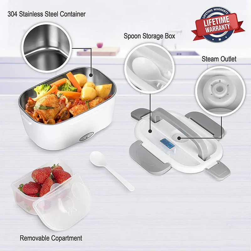 Grey dual-power electric lunch box with 1.1 litre capacity for car and home use.
