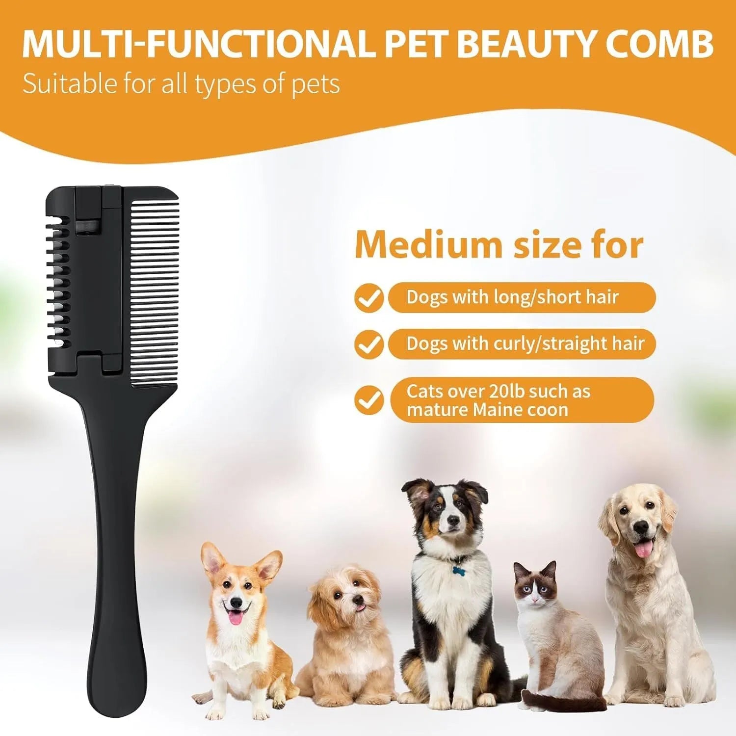 A 2-in-1 pet grooming comb with a built-in trimming blade and replacement blades, shown next to a small dog.