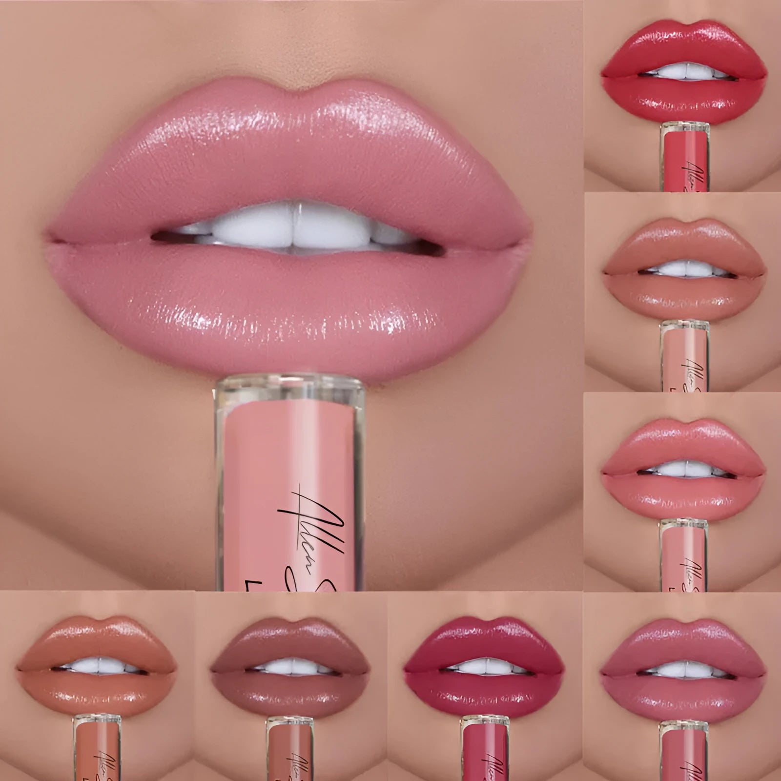 Cream texture lip gloss bullet in a variety of shades from a 12-colour set with mineral formula.