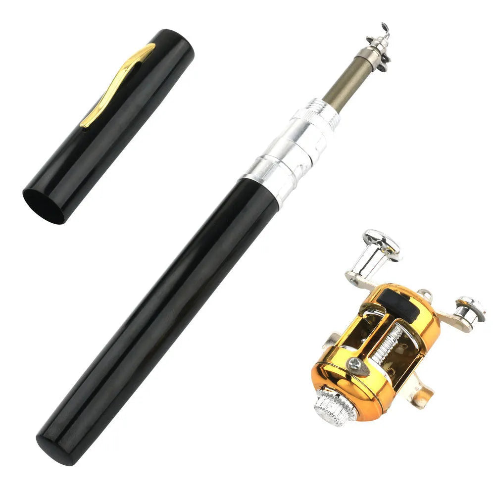 Portable pen fishing rod kit showing telescopic rod extended to 1m and collapsed in aluminium case with fishing wheel