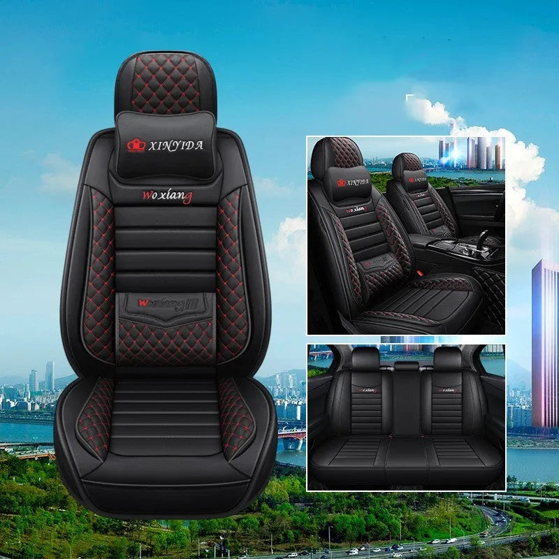 Red leather universal car seat cushion with high elastic sponge filling shown on a car seat.