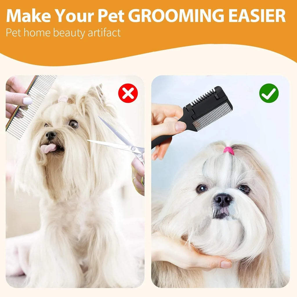 A 2-in-1 pet grooming comb with a built-in trimming blade and replacement blades, shown next to a small dog.