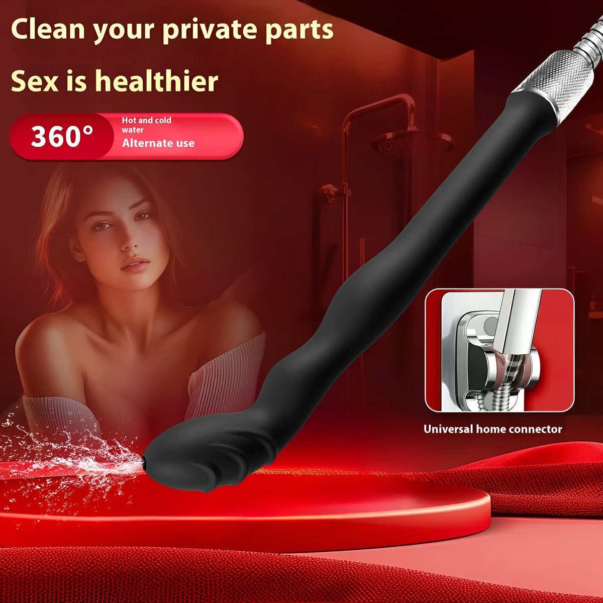 Black silicone hosepipe flusher with enema attachment for drain cleaning