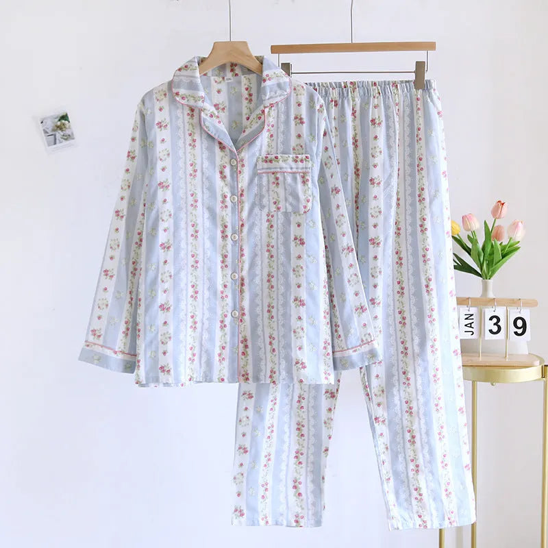 Women's cotton gauze two-piece homewear set with long sleeves and trousers in a striped pattern.