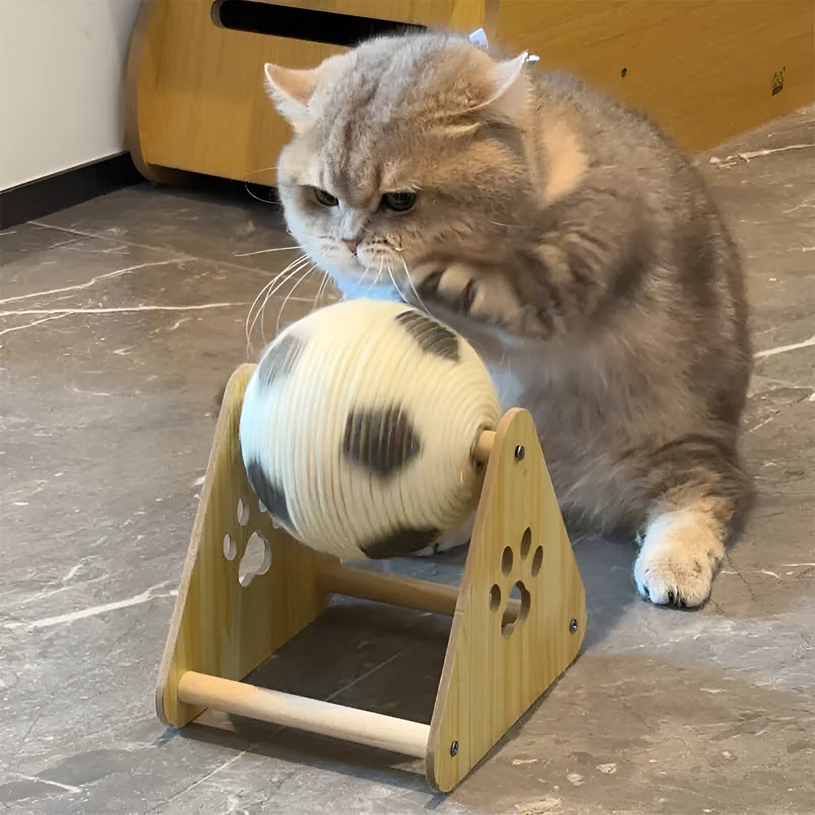 Vertical wooden grounder cat scratch board in football style with solid wood base and sisal hemp rope wrapping