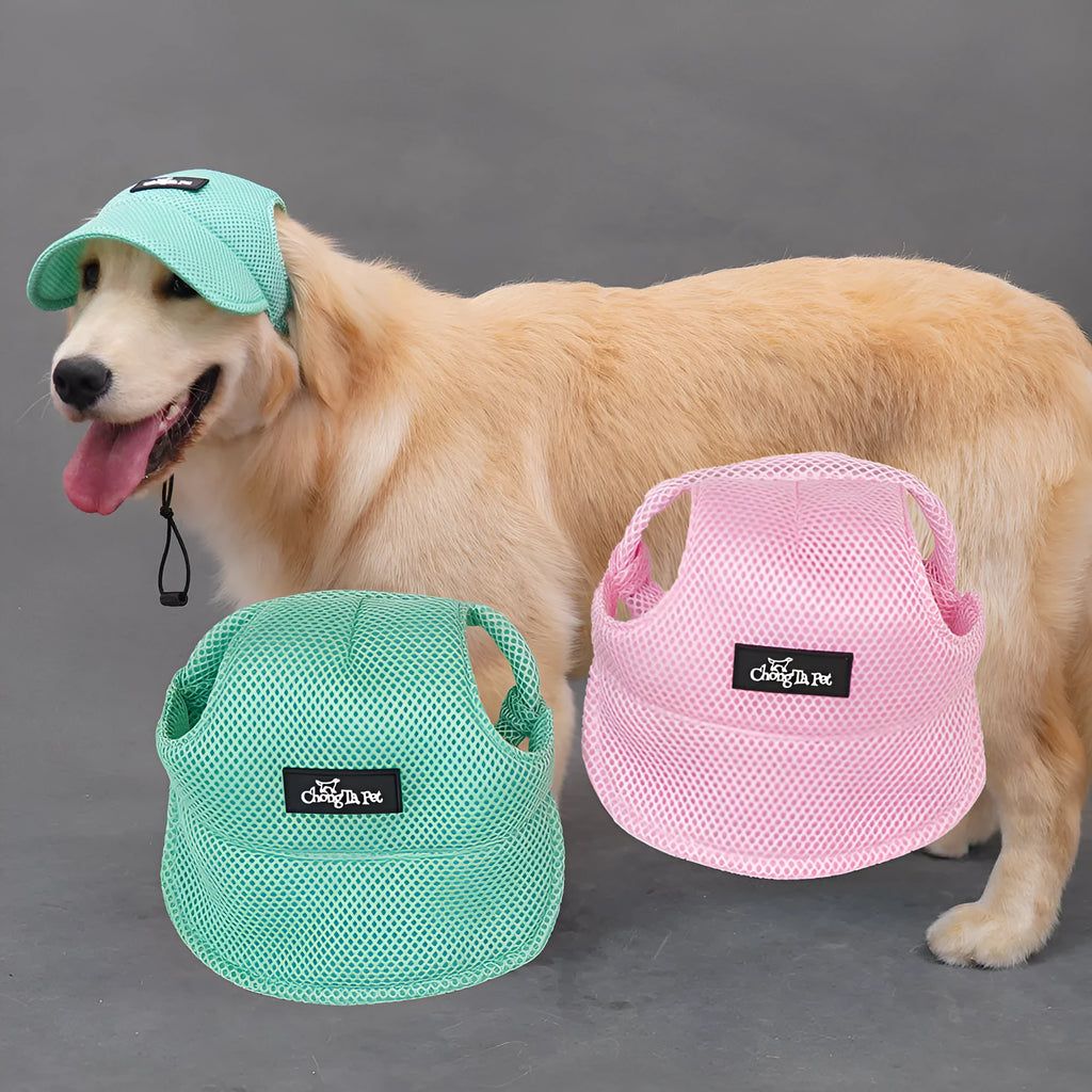 Breathable sandwich net dog hat in green with ear leakage openings for summer shading