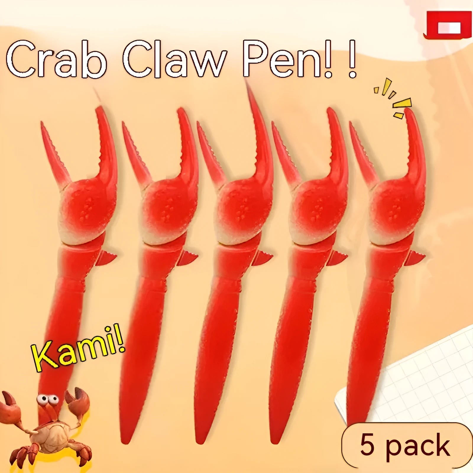 Close-up of a ballpoint pen with a red crab-shaped clip featuring a pressable can mechanism.