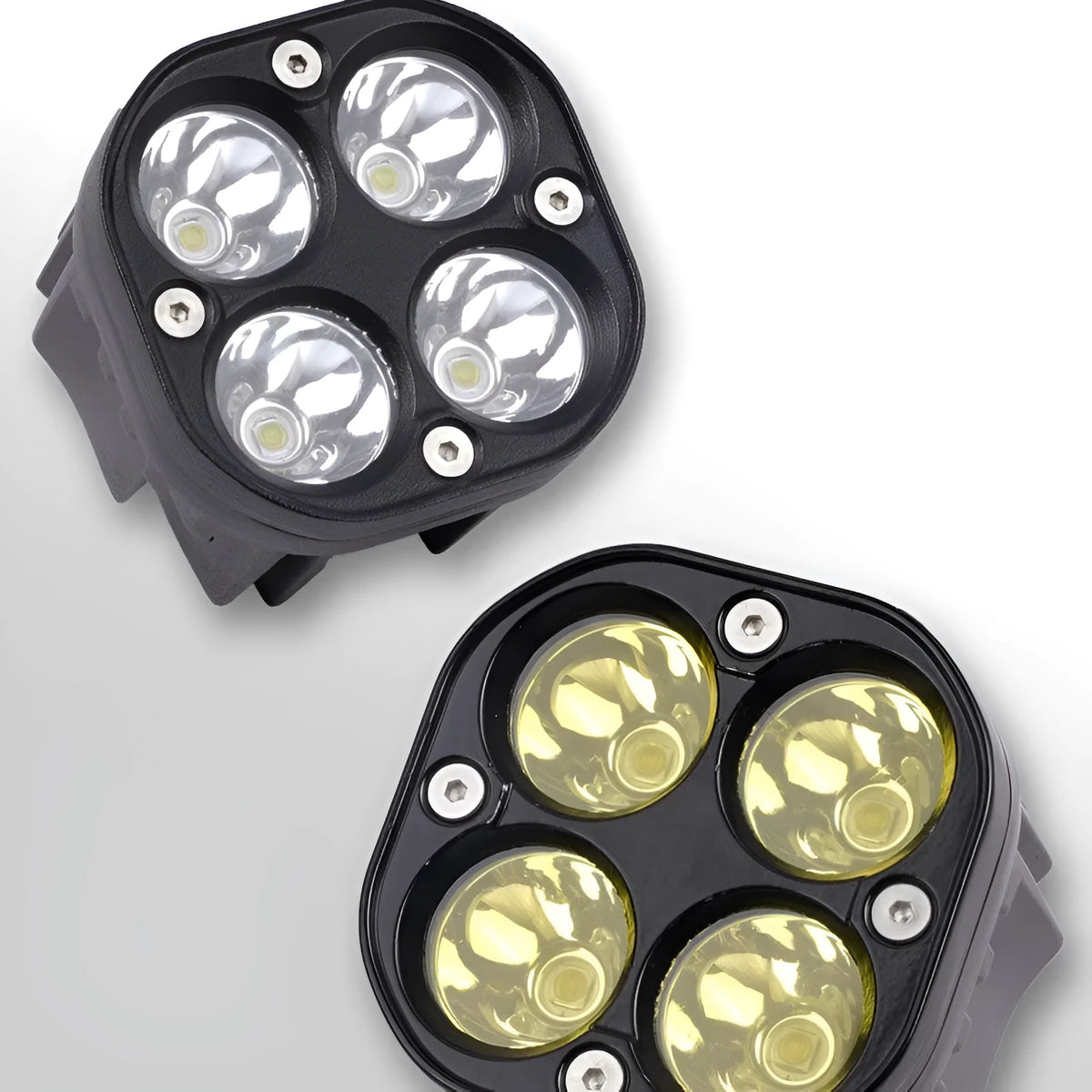 Four-eye clover spotlight headlight with aluminium base plate for vehicle modification.