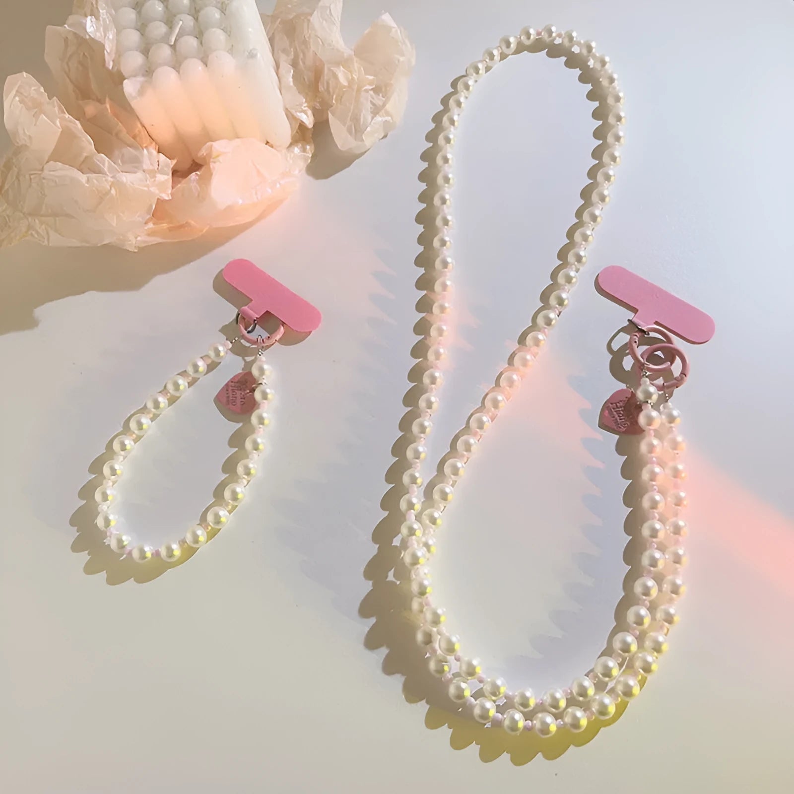 Pink beads pearl spacer love charm crossbody mobile phone lanyard with wristband and clip
