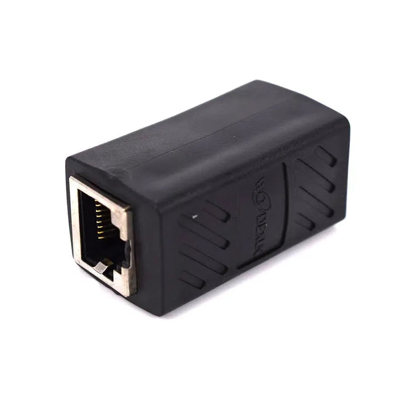 Black RJ45 network cable extender adapter with rotary union for joining two Ethernet cables.