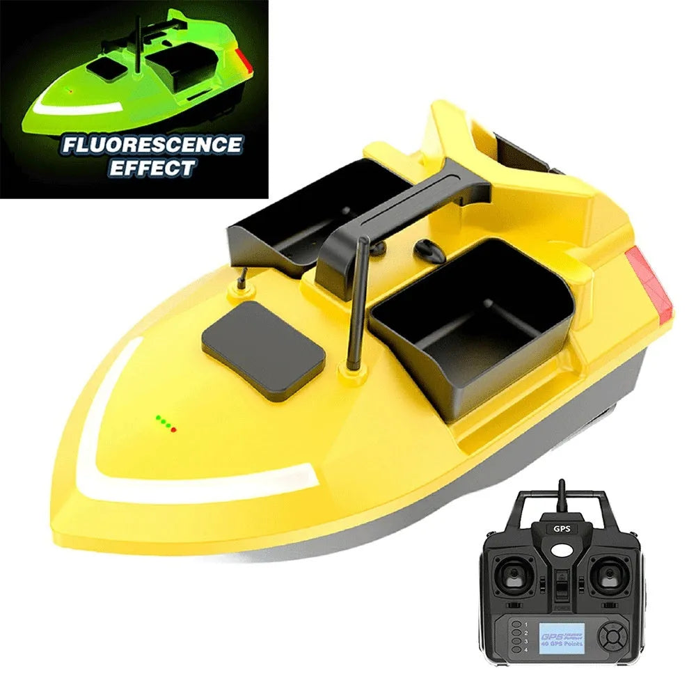 V020 black and luminous yellow GPS remote control fishing boat with remote handset.