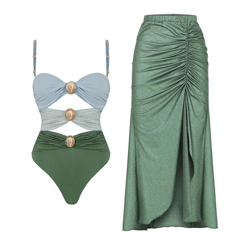 Women's high-waist two-piece bikini swimsuit set with a skirt in green or yellow nylon.