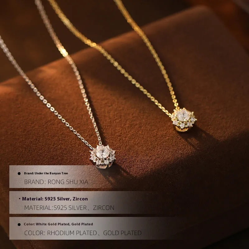 Silver snowflake zircon pendant necklace under banyan tree in white gold electroplated finish
