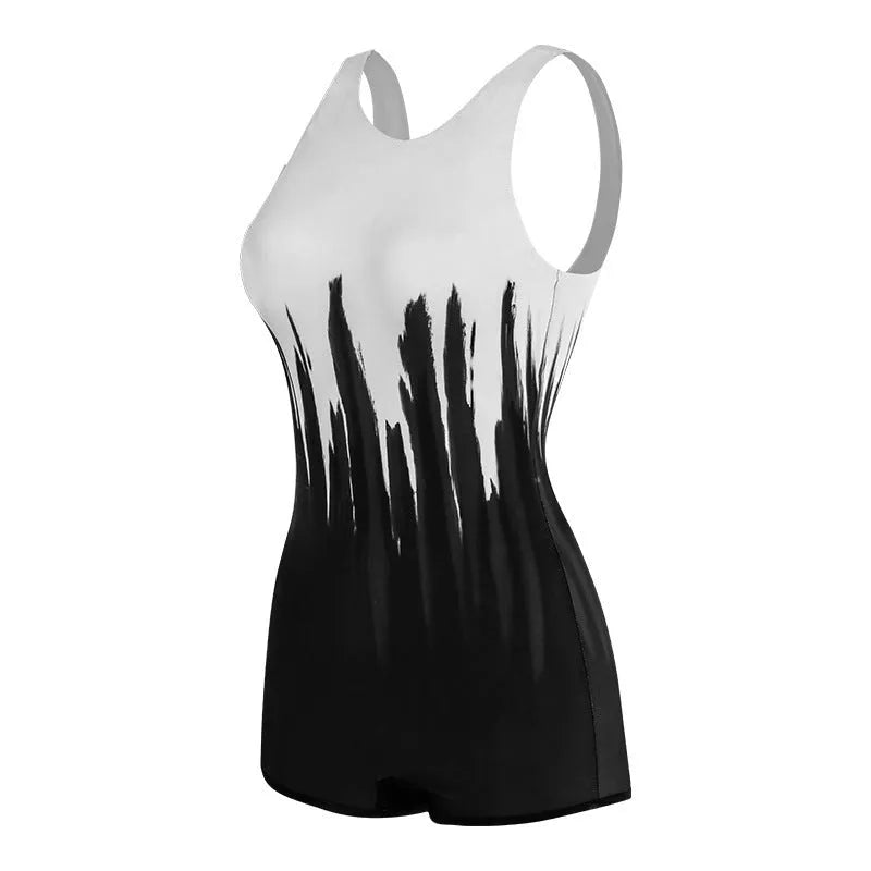 Black printed conservative one-piece swimsuit for ladies on a hanger.
