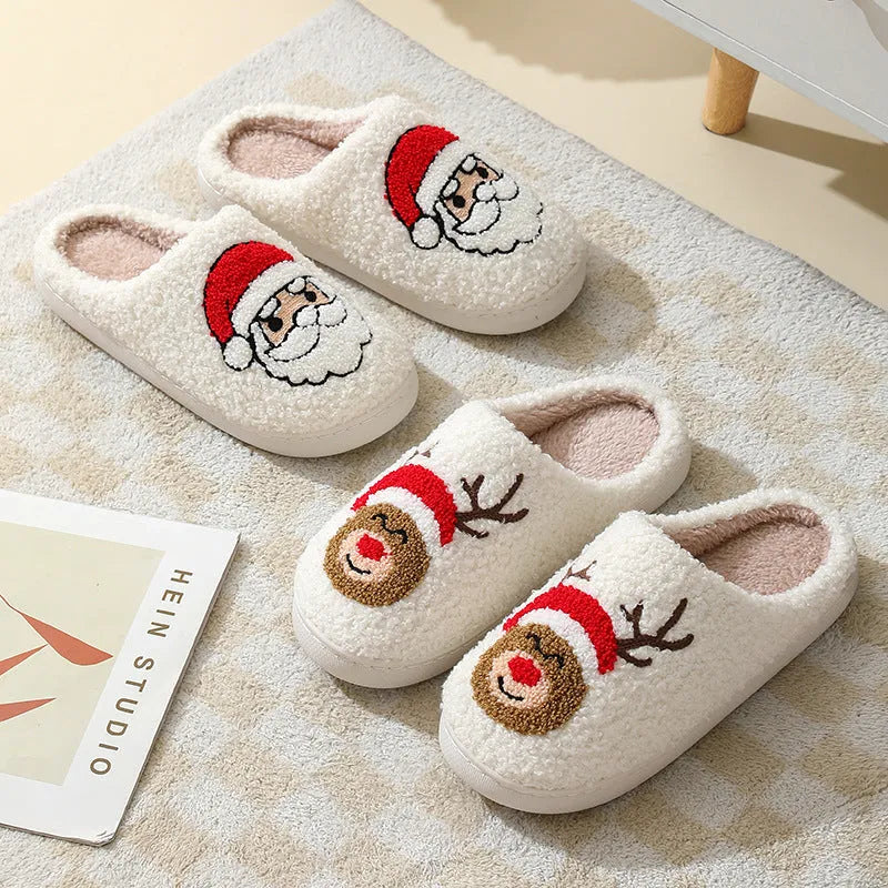 Christmas home slippers with cartoon Santa Claus design, suede upper, and furry lining
