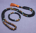 Geometric agate jewellery set with black bracelet and tiger's eye stone necklace