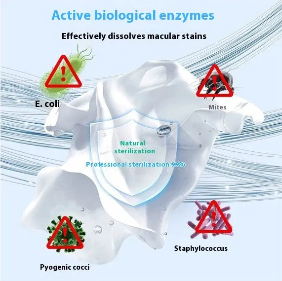 Bottle of biological enzyme bubble powder laundry detergent for stain removal and colour protection.