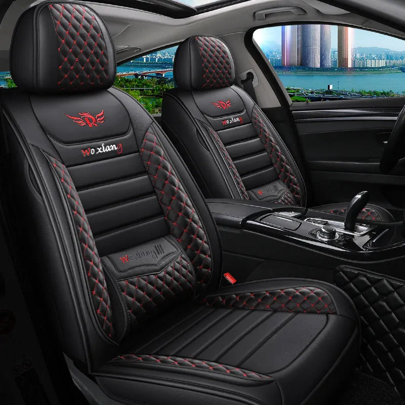 Red leather universal car seat cushion with high elastic sponge filling shown on a car seat.