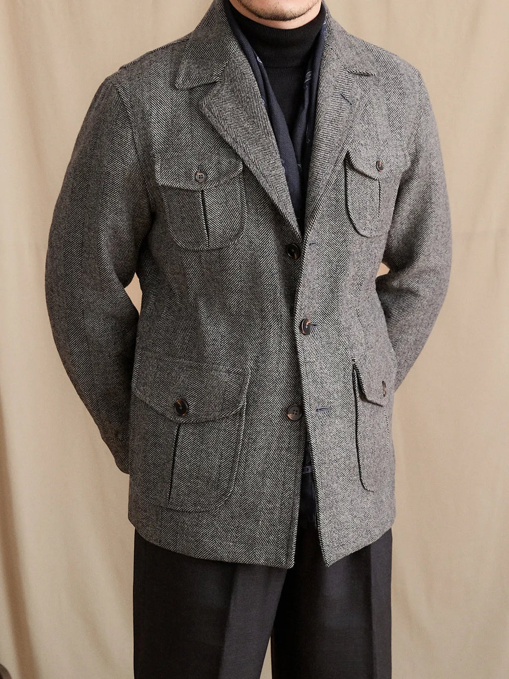 Men's Dark Gray wool suit collar commuter jacket with cinched style and pocket