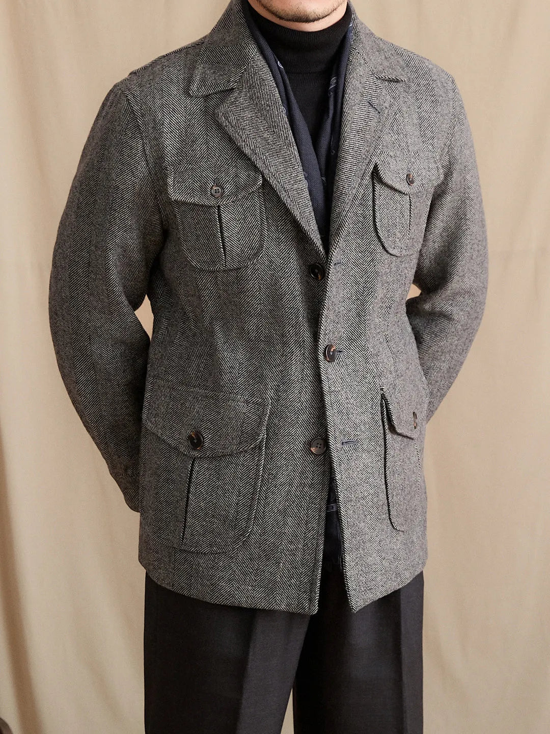 Men's Dark Gray wool suit collar commuter jacket with cinched style and pocket