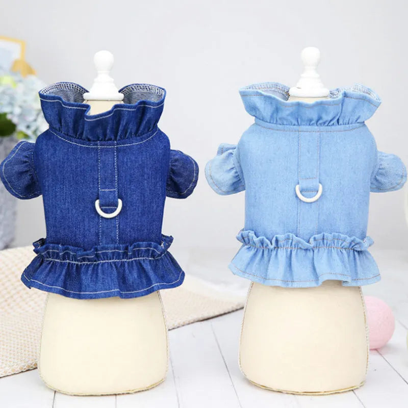 Blue denim dog dress with ruffles and back leash hook pet harness