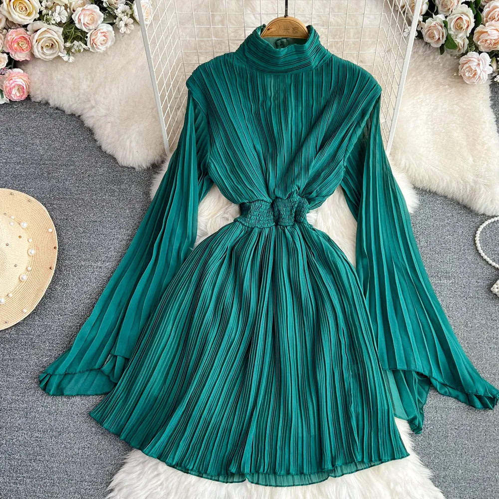 A-line chiffon midi dress with long sleeves and stand collar in high-waist design, available in multiple colours