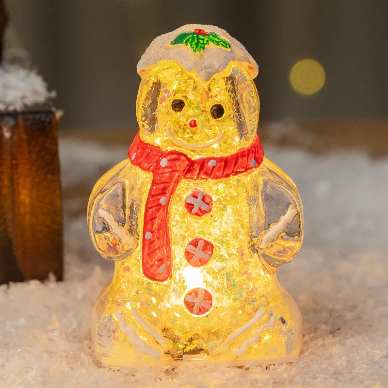 Glowing Christmas gingerbread man snowman ornament in plastic with four colour variations including clear, white and red scarf options