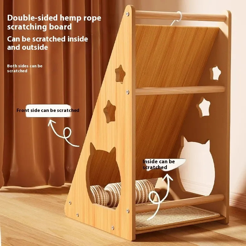 Vertical wall-mounted cat scratch board with sisal scratching surface and integrated teasing ball with hemp rope