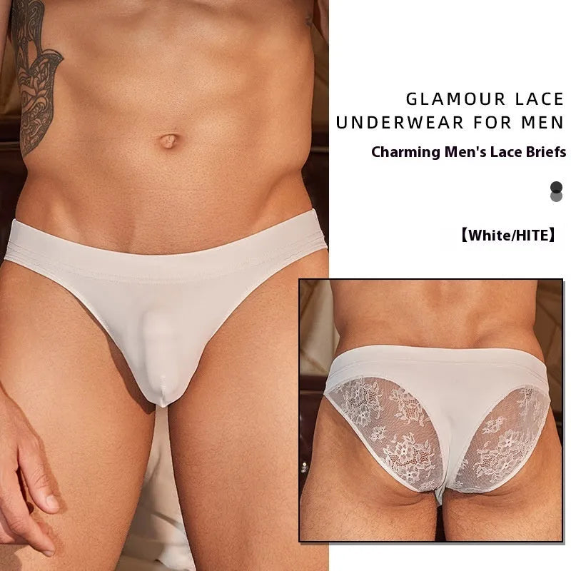 Men's black shark skin lace hipster underwear on a white background