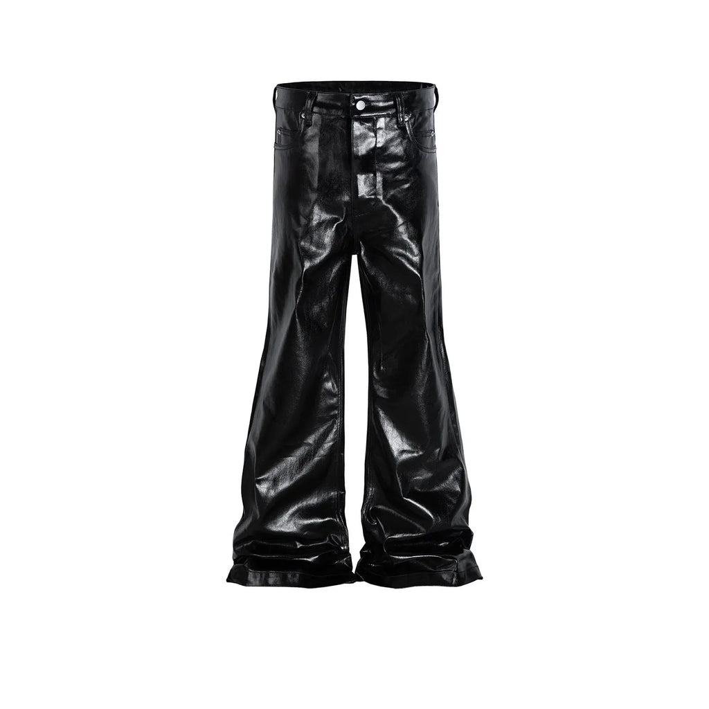 Black patent leather coated straight-leg jeans on size chart showing M L XL XXL options