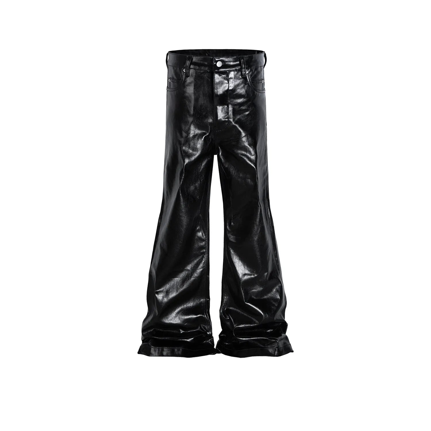 Black patent leather coated straight-leg jeans on size chart showing M L XL XXL options