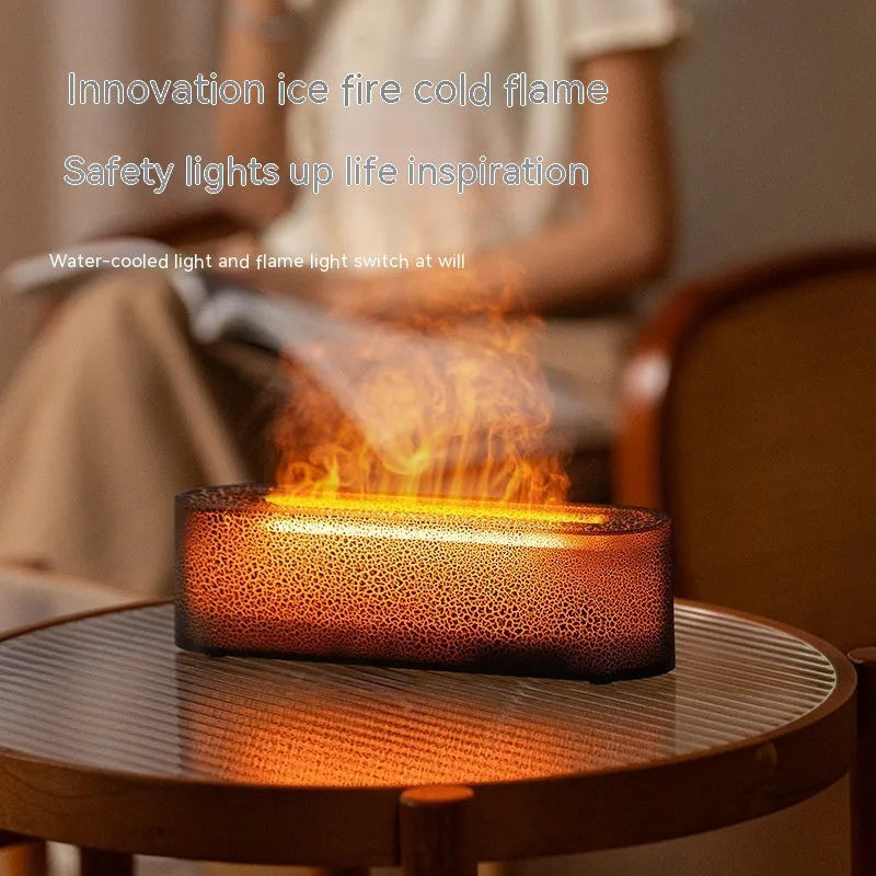 Square creative lava flame desktop humidifier and aroma diffuser in black or white colour on a desk.
