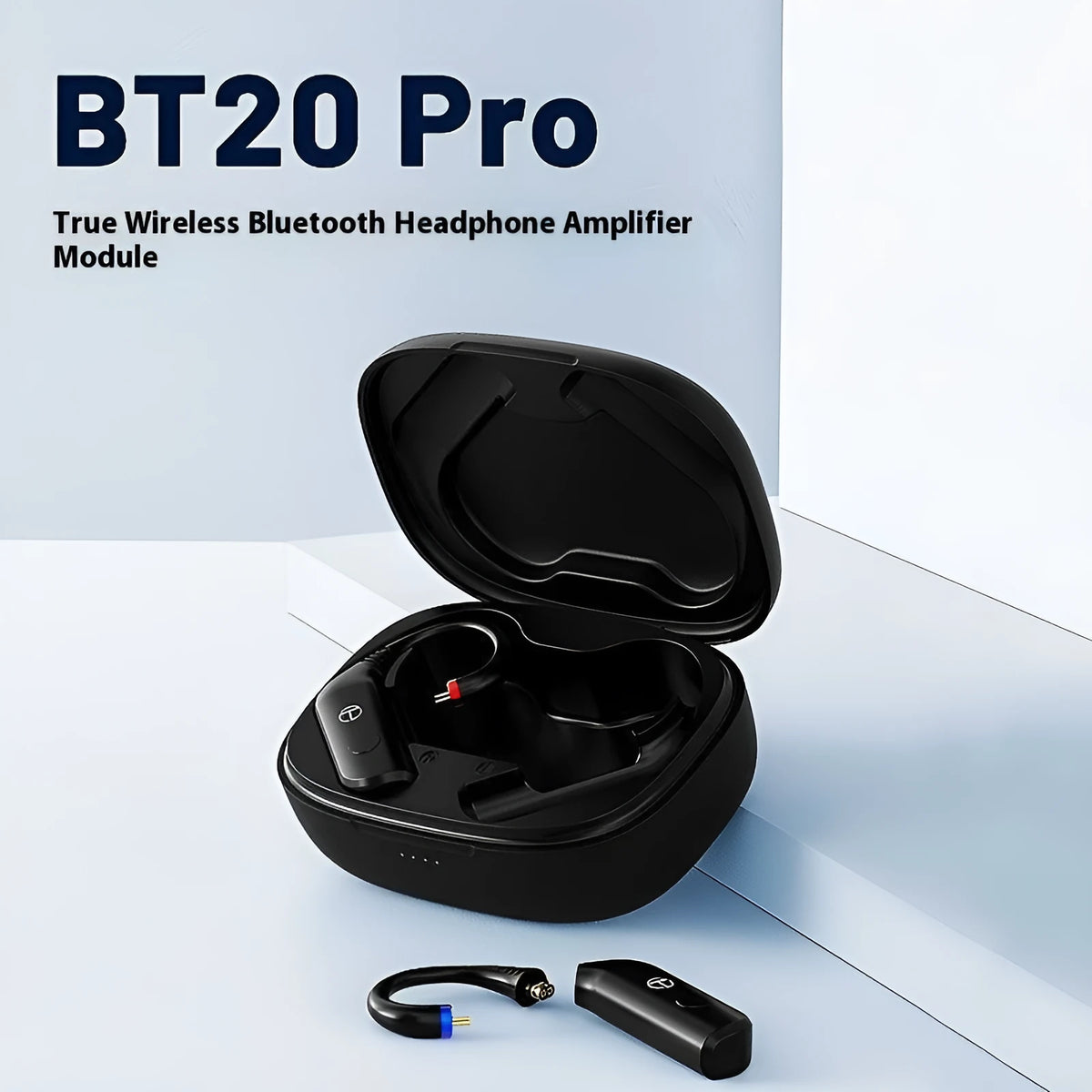 BT20 Pro Bluetooth headset upgrade module, plug-in ear hook design, four connector variants, plastic housing