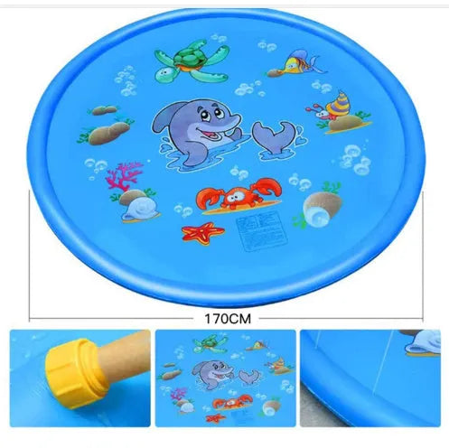 Blue PVC children's water spray pool mat with marine animal designs laid out on grass