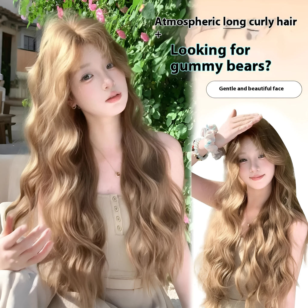 Linen brown long curly lace front wig with mechanism construction and high temperature fibre synthetic hair