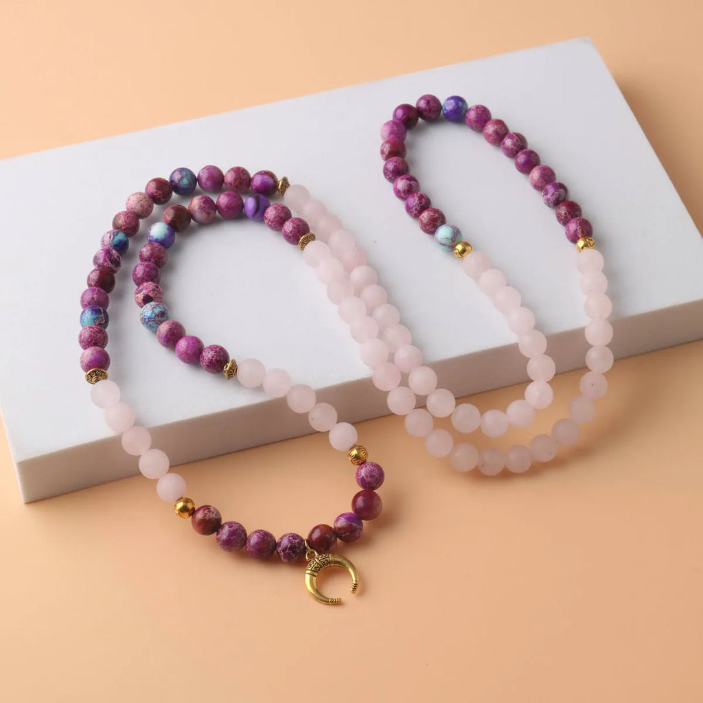Women's personalised pink crystal emperor stone bead necklace with round pendant for casual wear