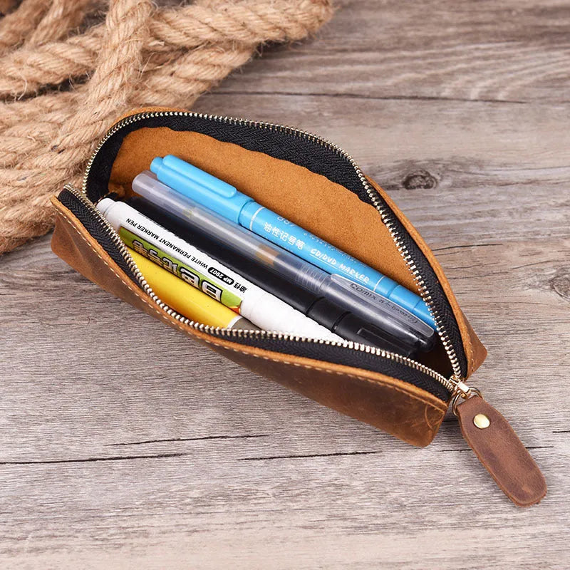Genuine cowhide leather handmade pencil case with zip closure in black colour