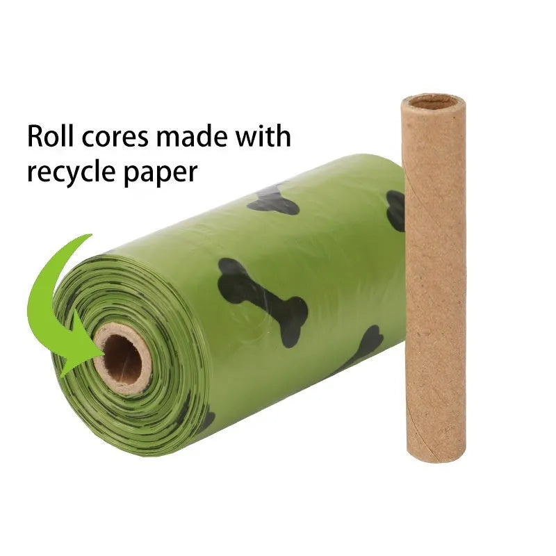 Military green degradable dog poop bags with black bone print measuring 23cm by 33cm