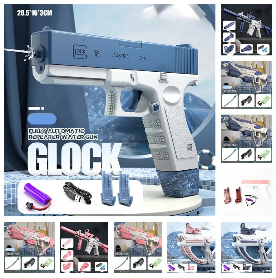 Blue electric water gun with USB charging cable and 358ml water capacity for outdoor use