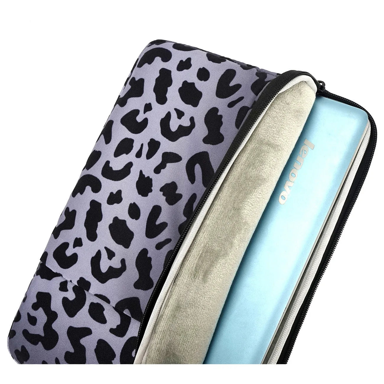 Leopard print flannel lined laptop sleeve for 13-inch to 16-inch devices with waterproof polyester exterior.