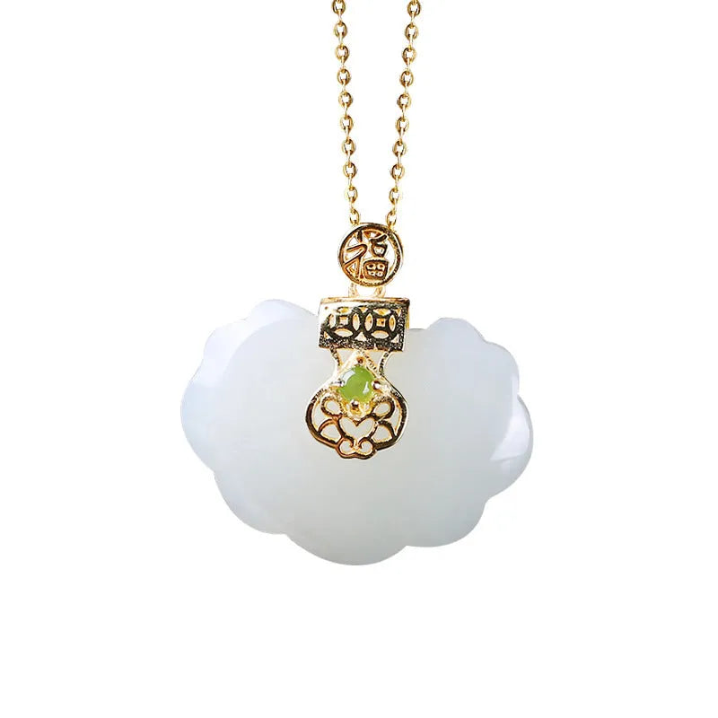 Ruyi safety lock necklace in S925 silver and Hetian jade with lock pendant, yellow gold or white gold colour