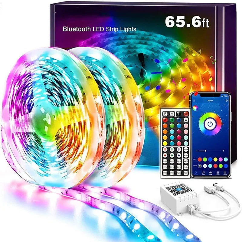 DC 12V Bluetooth LED light strip with 44-key remote controller and power adapter