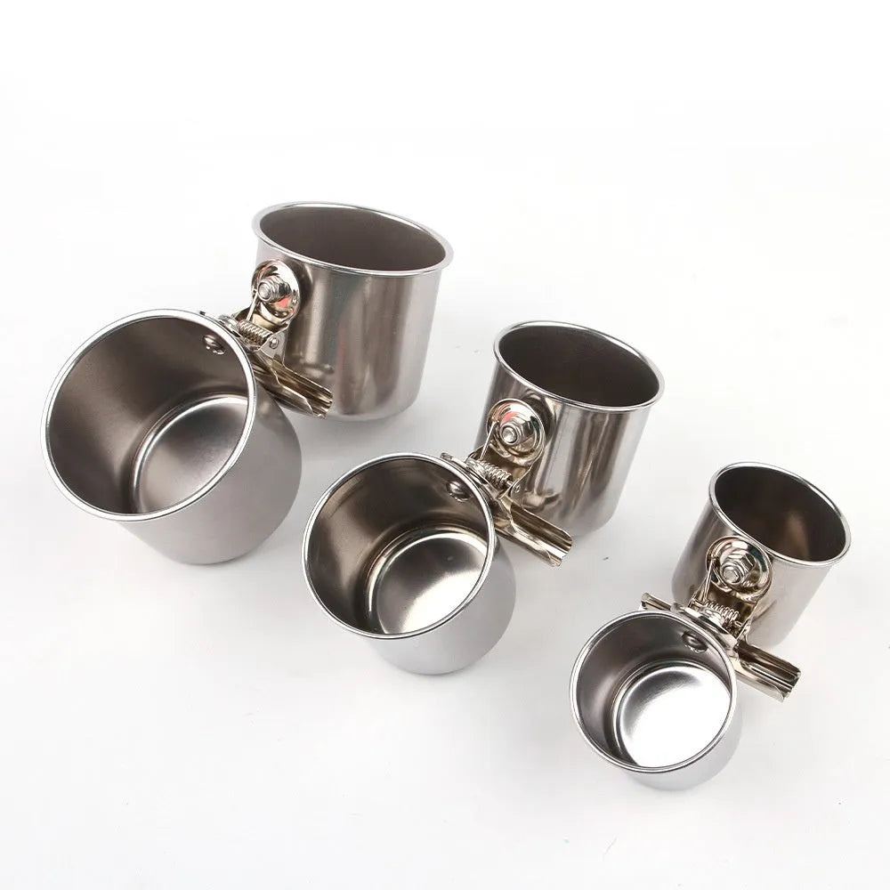 Stainless steel birdcage food container outdoor feeder in natural metal colour.