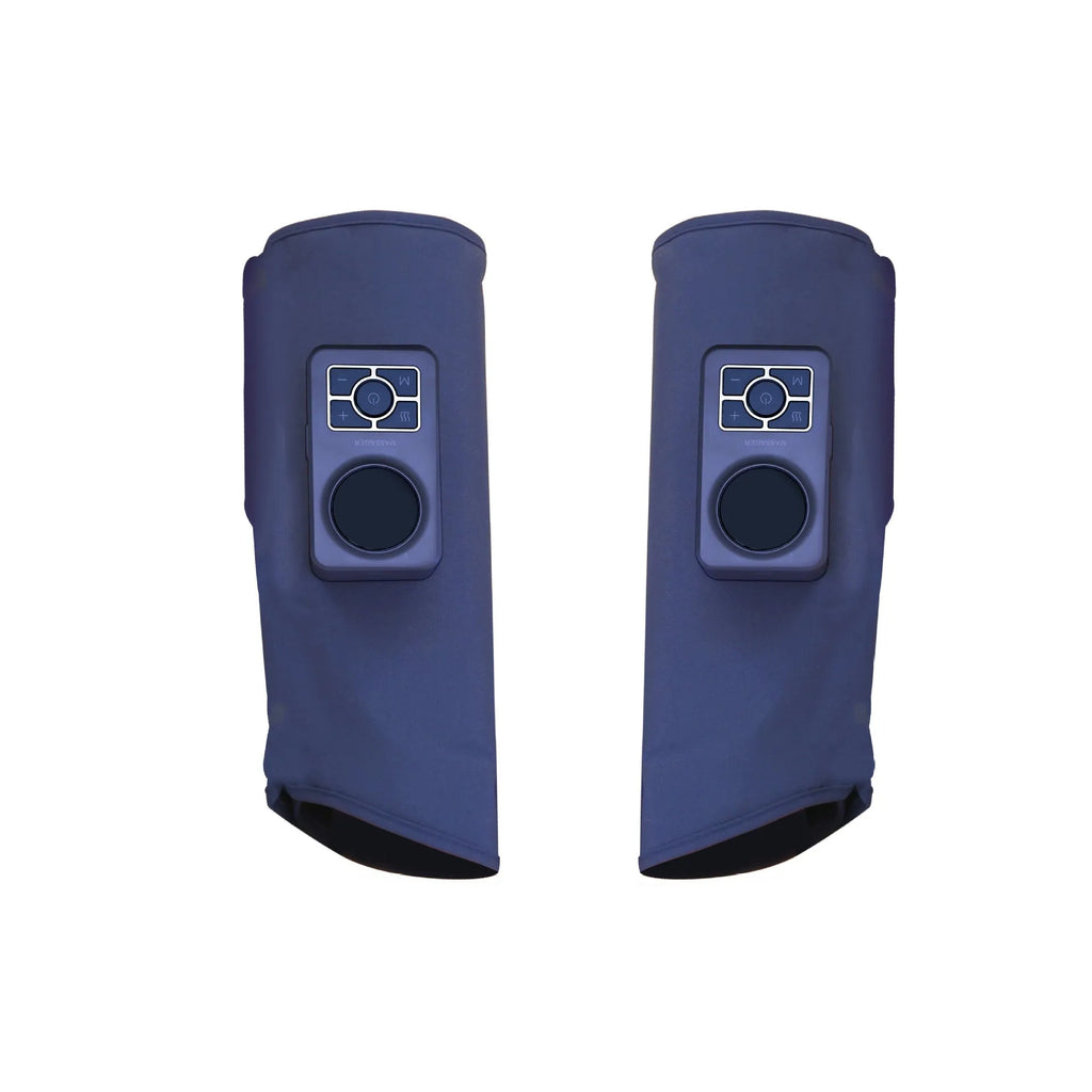 Calf airbag heating leg massager with SMS electric pulse and ultrasound vibration, showing two units