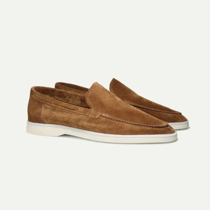 Men's matte suede flat shoes in sky blue with rubber sole and round toe, shown on plain background
