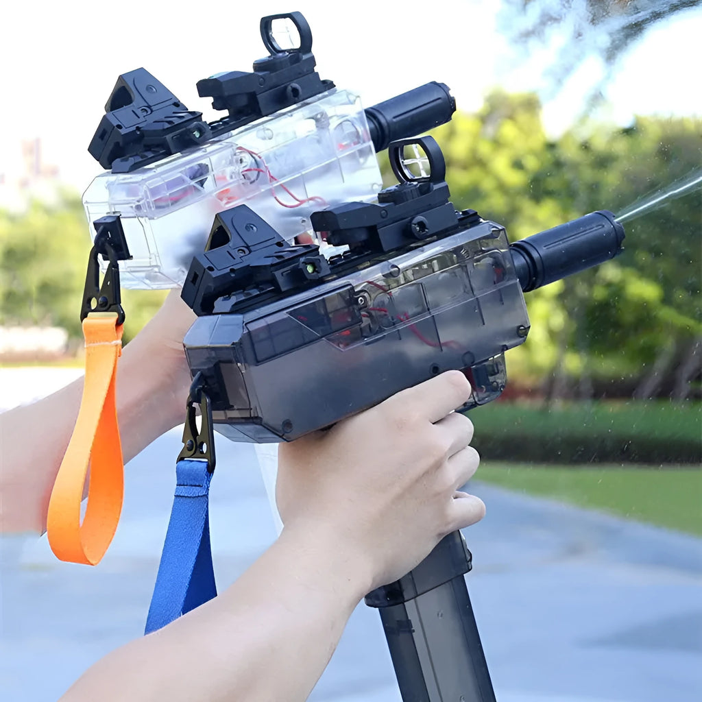 Uzi Electric Burst Water Gun in tan with transparent body, holoscope, and silencer accessories