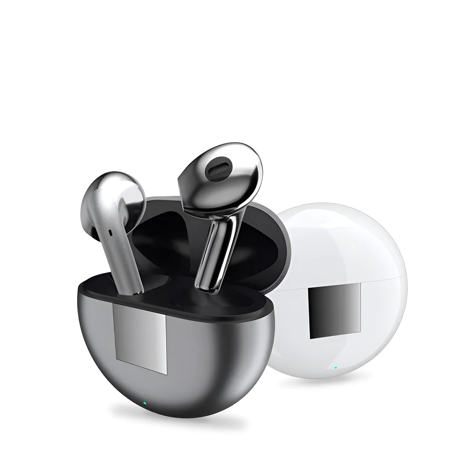 White Budz5 wireless Bluetooth earbuds nestled inside their matching white charging case.