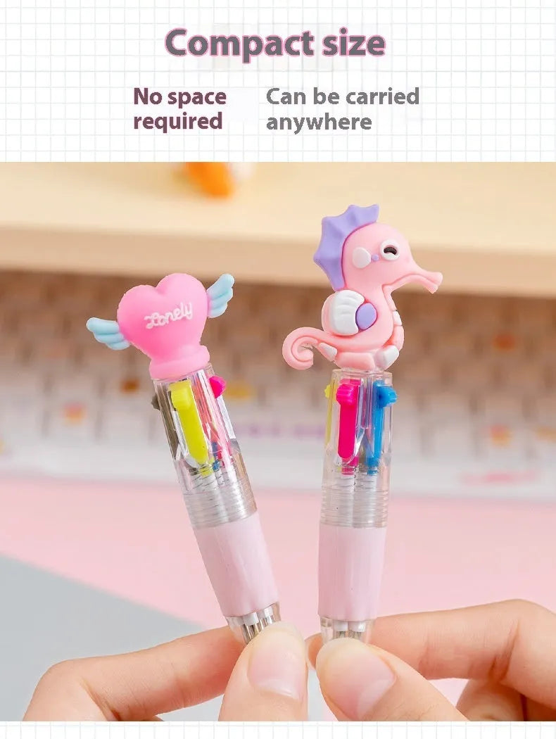 Four-colour press ballpoint pen with cartoon designs and 0.7mm tip in random colour pattern options
