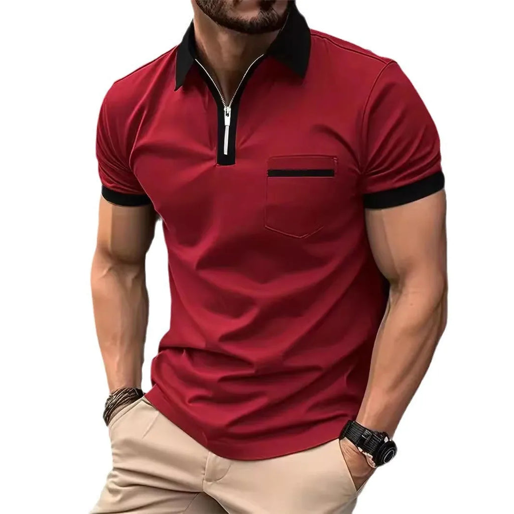 Men's loose fit short sleeve casual shirt with chest pocket and zip decoration detail.
