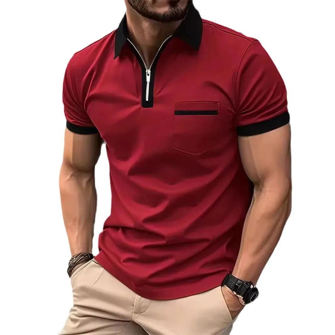 Men's loose fit short sleeve casual shirt with chest pocket and zip decoration detail.